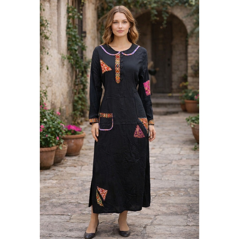 Sacred Threads Long Sleeve Maxi Dress Size M/L Floral Patchwork Witchy Goth NWT